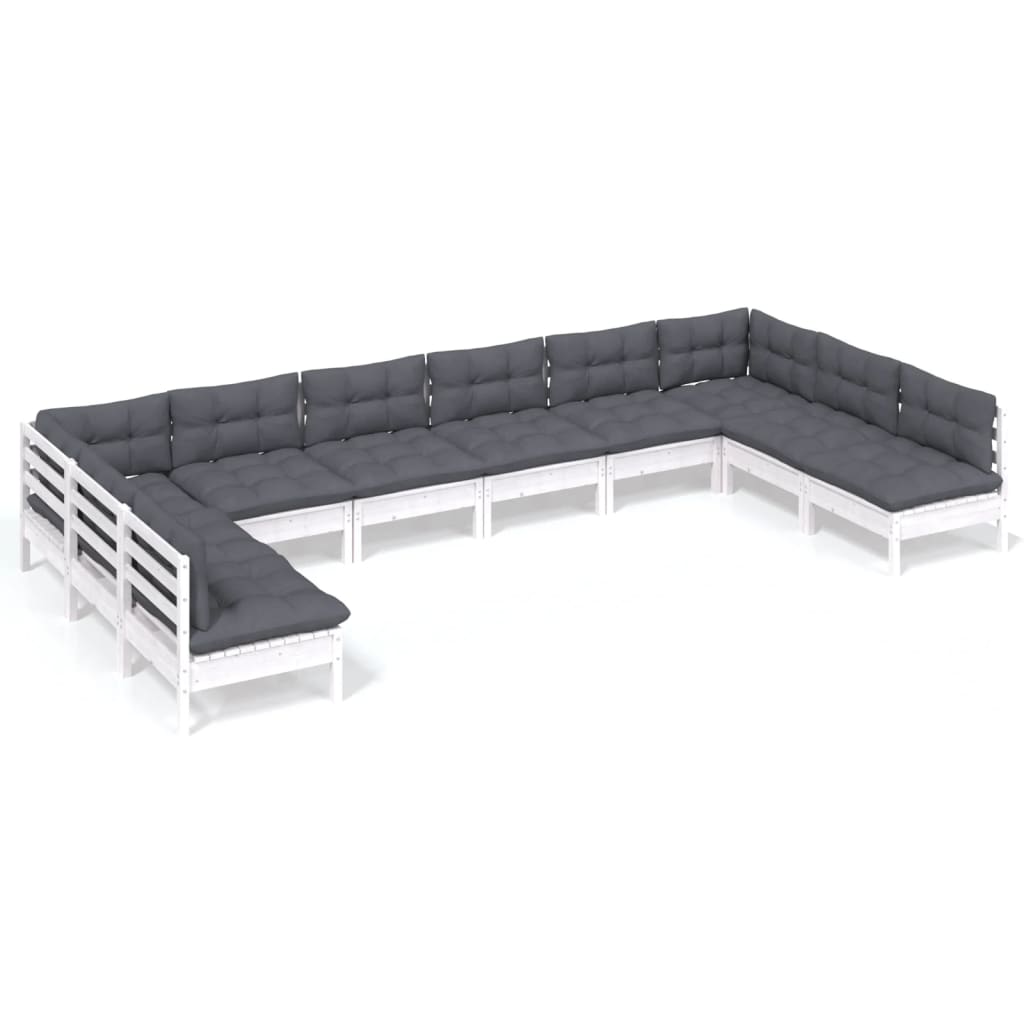 10-tlg. Garten-Lounge-Set mit Kissen Weiss Kiefer Massivholz